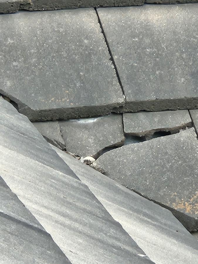Close-up of a cracked concrete roof tile