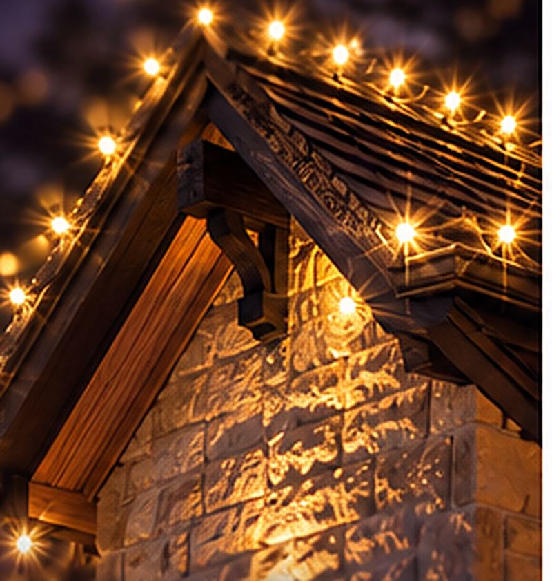 Professionally installed Christmas lights on a stone gable